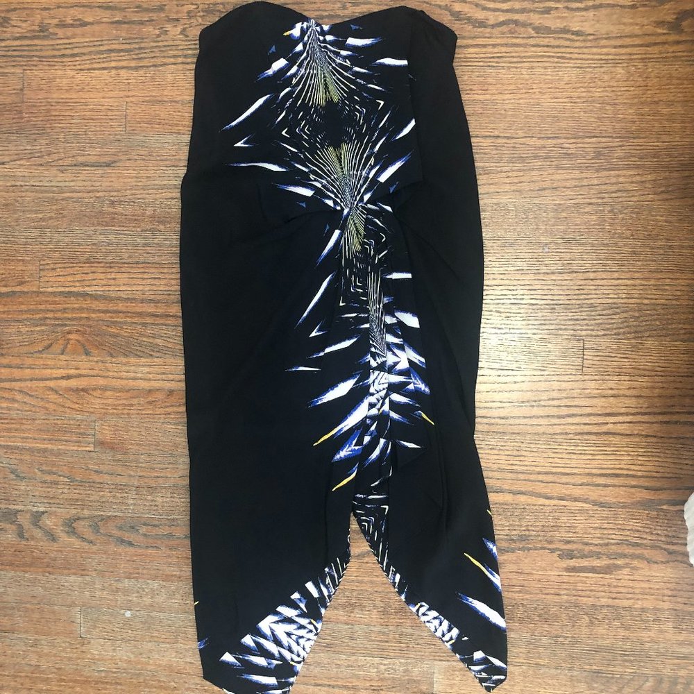 Asymmetrical Black Strapless Dress with Blue & Gold Print